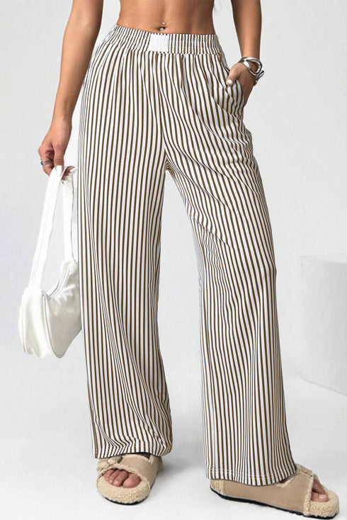 Vertical Stripe Elastic High Waist Pocketed Wide Leg Pants